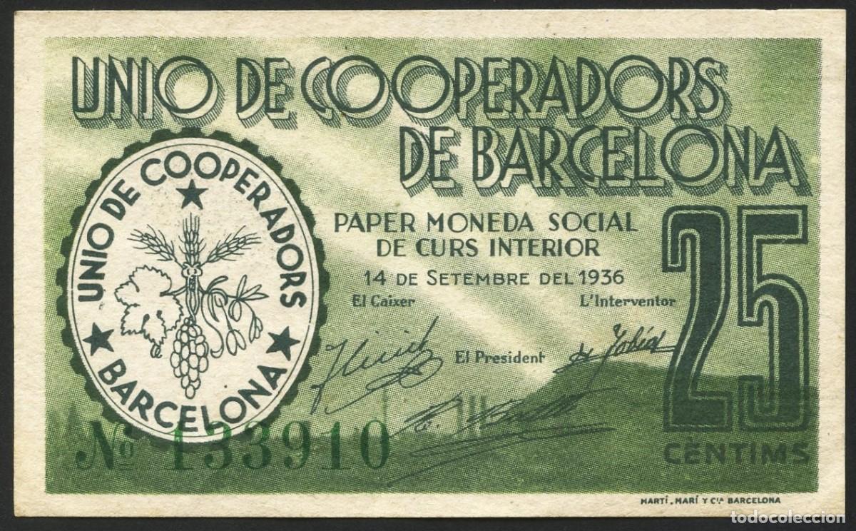 Notas locais: GUERRA CIVIL, BILLETE LOCAL, UNI&Oacute; DE COOPERADORS DE BARCELONA, VALOR: 25 CTS, 1936