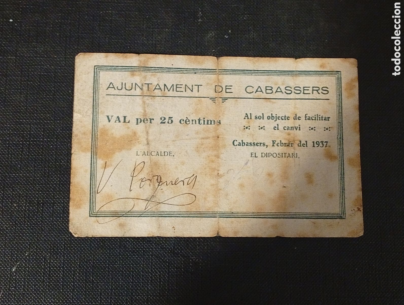 Lokale Banknoten: Billete de 25 c&egrave;ntims Cabassers 1937 guerra civil raro Tarragona