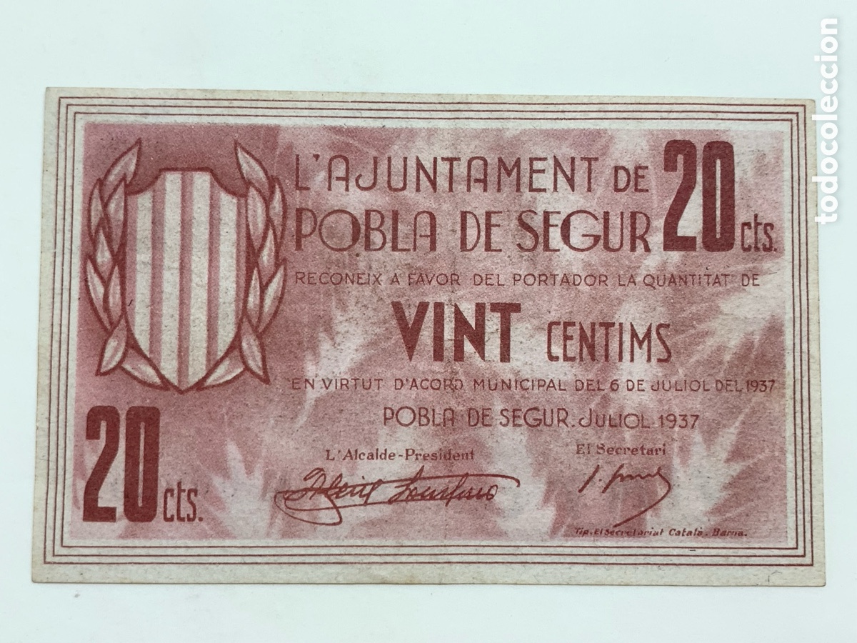 Billetes locales: BILLETE DE 20 C&Eacute;NTIMOS DEL AJUNTAMENT DE LA POBLA DE SEGUR DEL A&Ntilde;O 1937