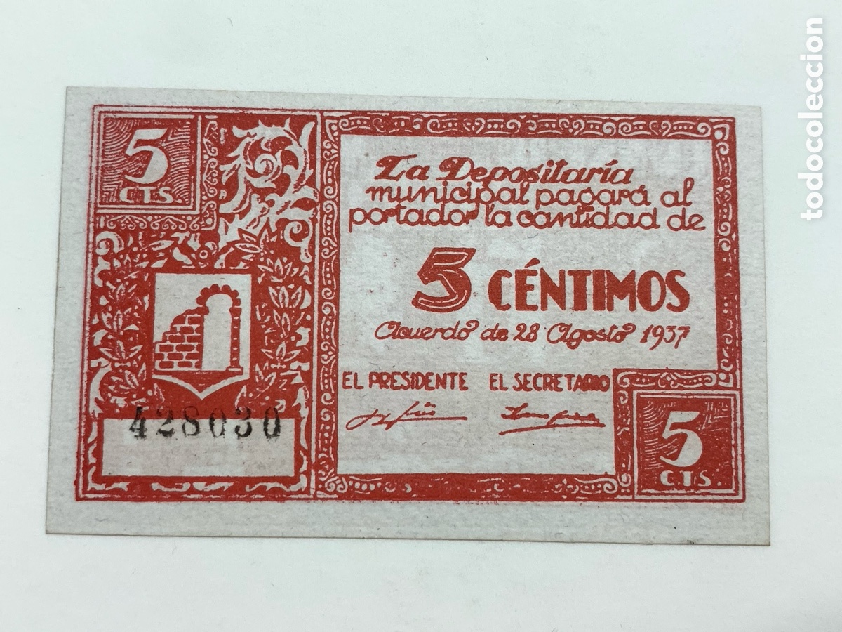 Billetes locales: BILLETE: CONSEJO MUNICIPAL DE GRAUS 5 C&Egrave;NTIMOS. 1937 Sin Circular