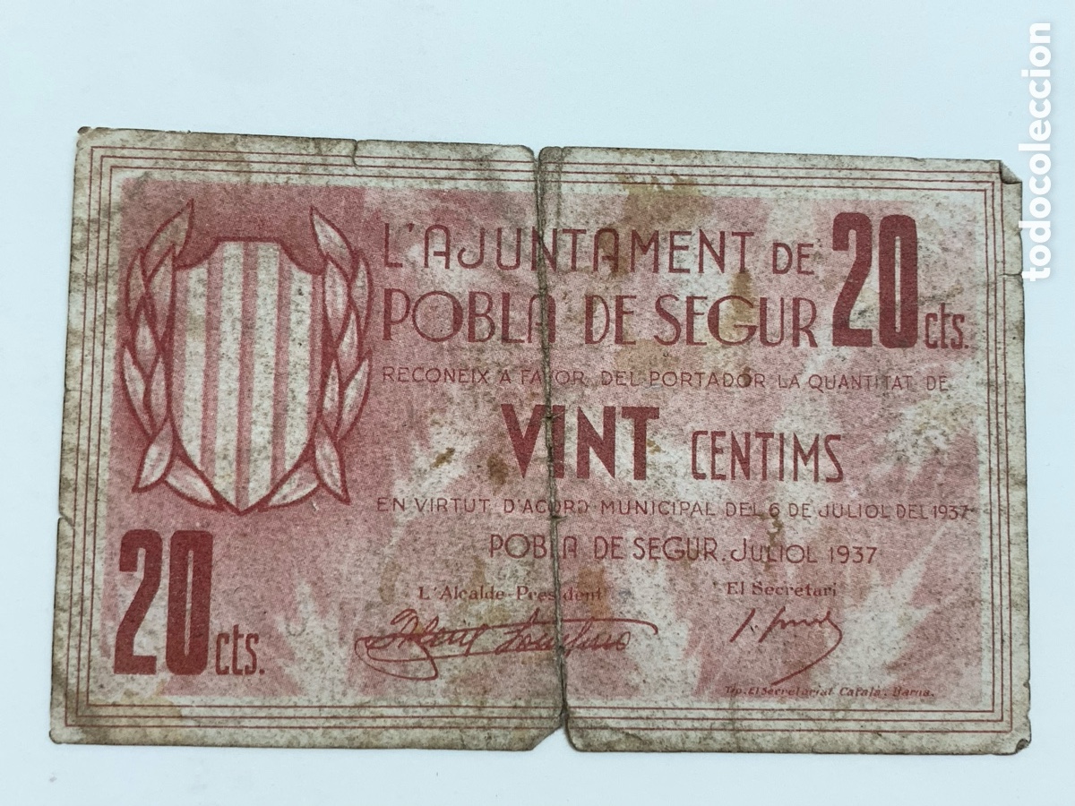 Billetes locales: BILLETE DE 20 CENTIMOS DEL AJUNTAMENT DE LA POBLA DE SEGUR DEL A&Ntilde;O 1937