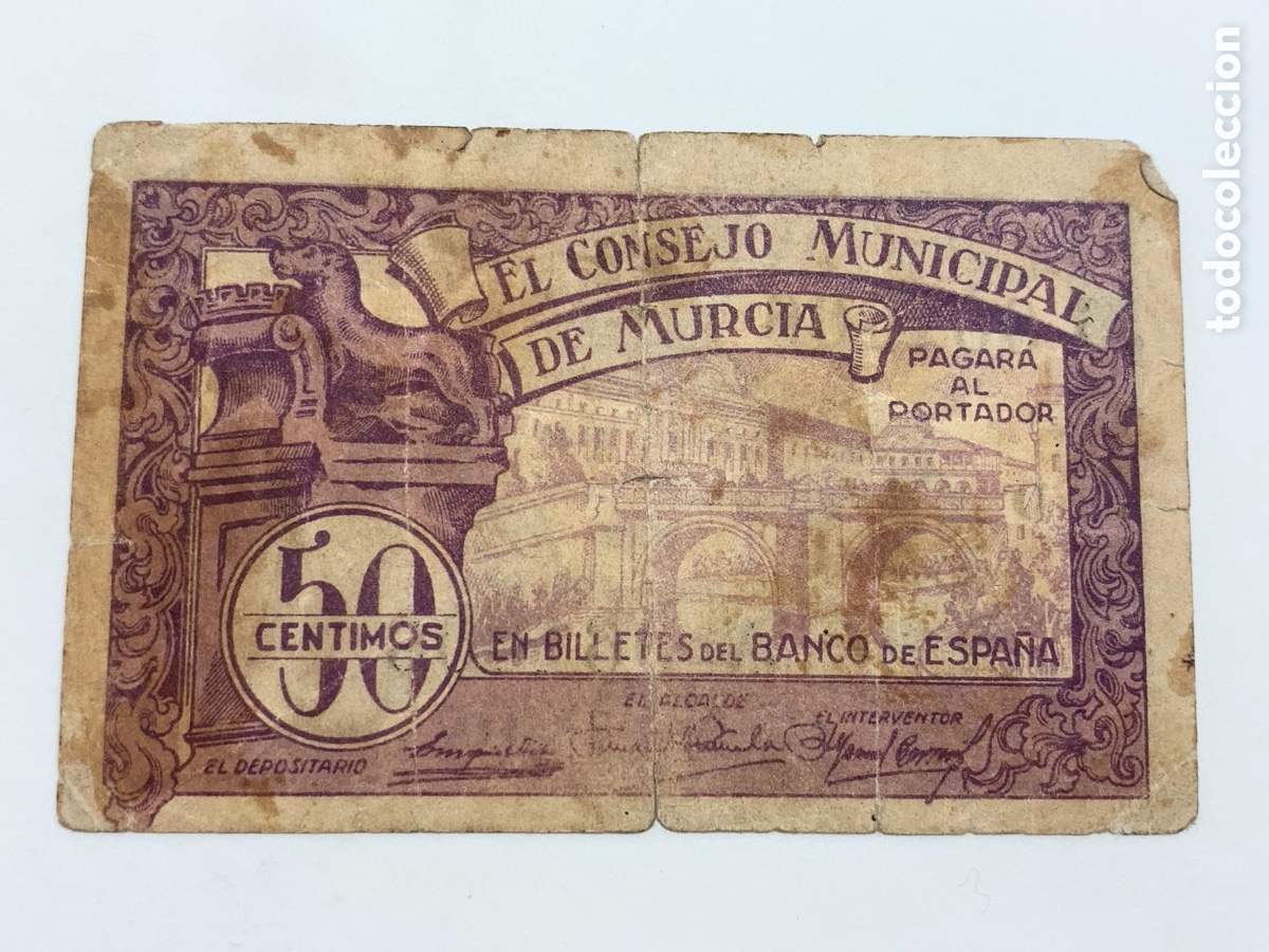 Local Banknotes: BILLETE ESPA&Ntilde;A CONSEJO MUNICIPAL MURCIA 50 C&Eacute;NTIMOS 1937