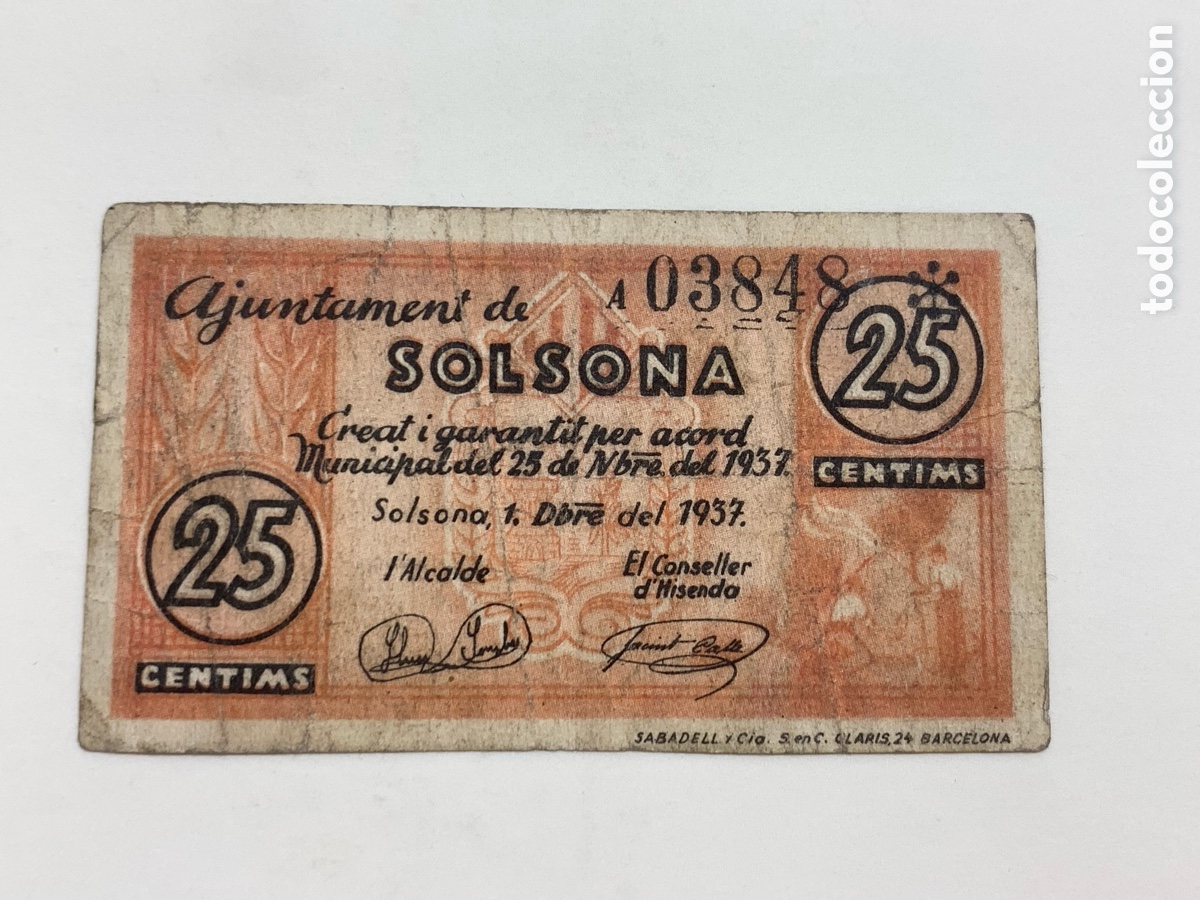 Billets locaux: BILLETE AJUNTAMENT DE SOLSONA 1937 - 25 C&Eacute;NTIMOS