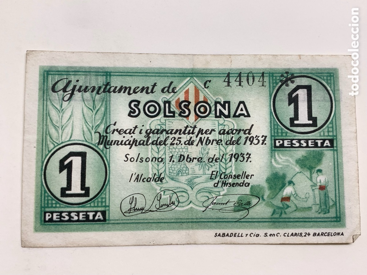 Notas locais: BILLETE DE SOLSONA - 1 PESSETA - 1937 - SERIE C - GUERRA CIVIL