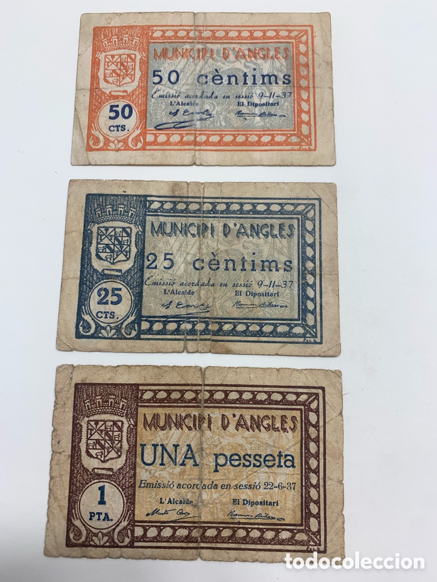 Banconote locali: LOTE x3 BILLETE MUNICIPI D&rsquo; ANGLES 1937 - 1 pta , 25 y 50 cts