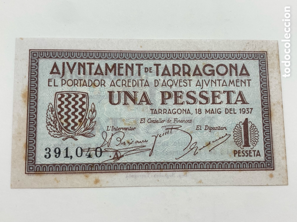 Billets locaux: BILLETE DE 1 PESETA DEL AJUNTAMENT DE TARRAGONA DEL A&Ntilde;O 1937
