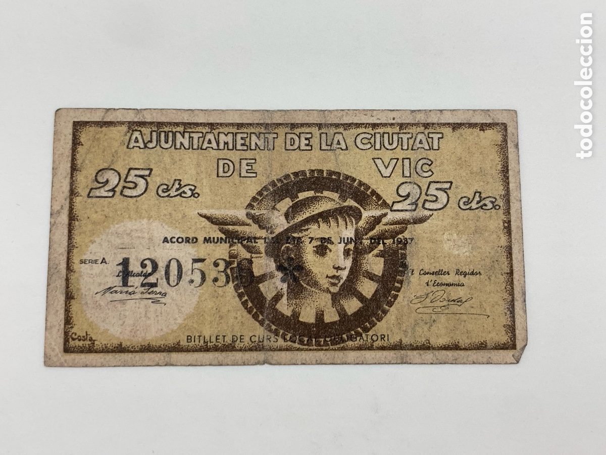 Banconote locali: AJUNTAMENT DE LA CIUTAT DE VIC BILLETE 25 CTS . GUERRA CIVIL 1937