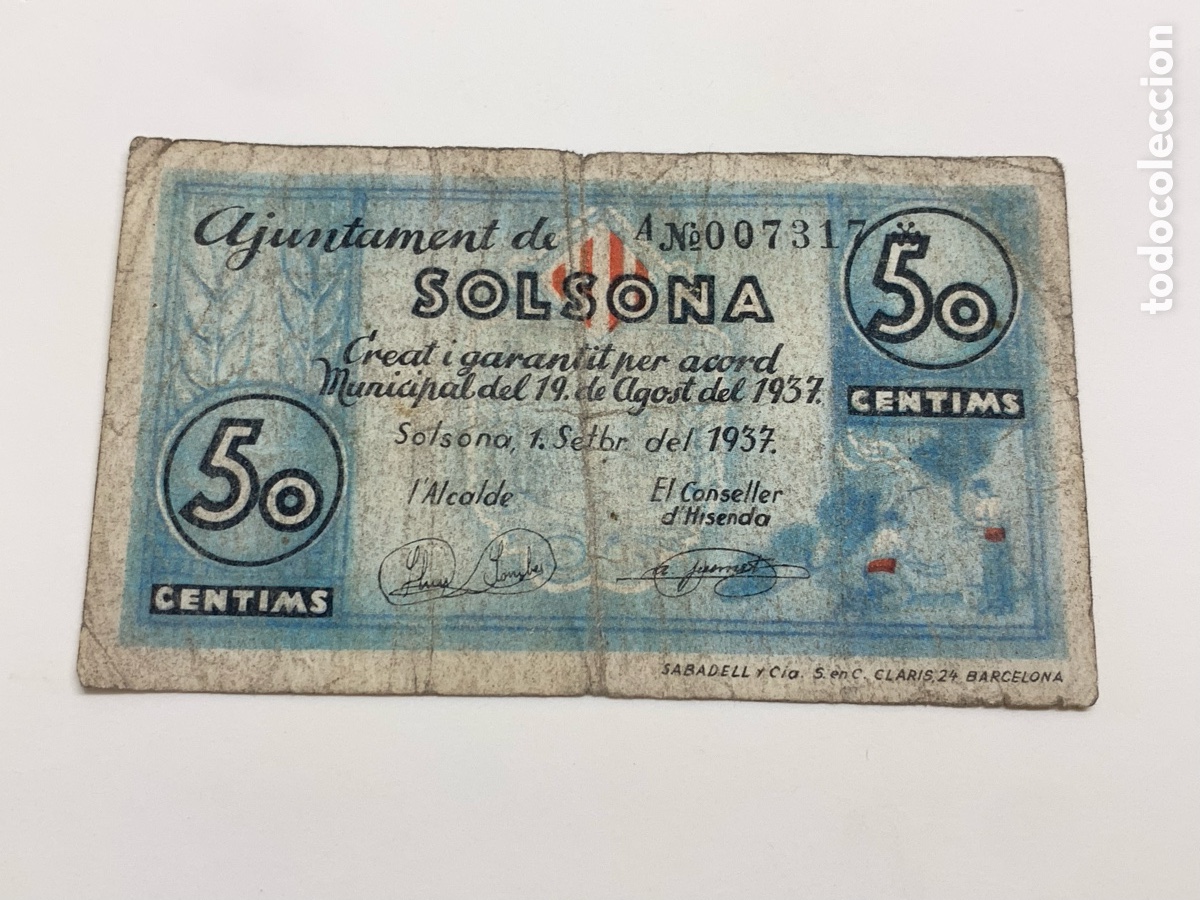 Notas locais: BILLETE DEL AJUNTAMENT DE SOLSONA - 50 CENTIMS - SERIE A - AZUL -1937 - GUERRA CIVIL