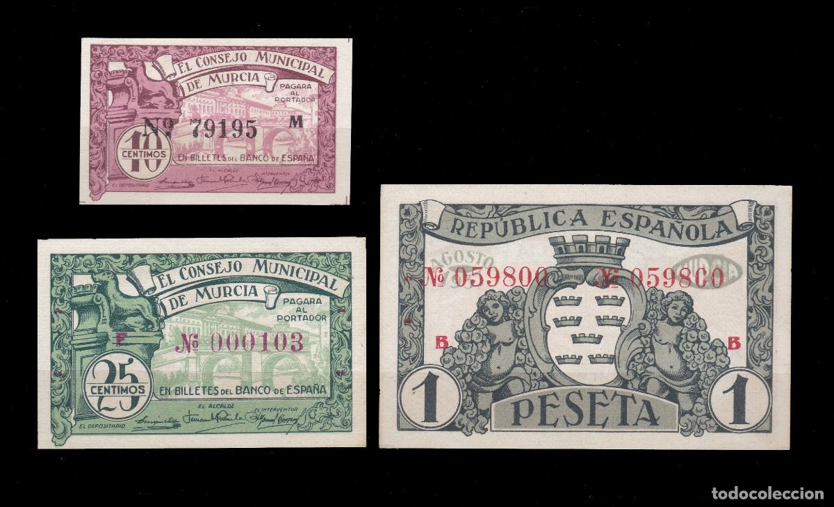 Billets locaux: MURCIA - 10 , 25 CTMS Y 1 PTA. DE 1937 - SIN CIRCULAR