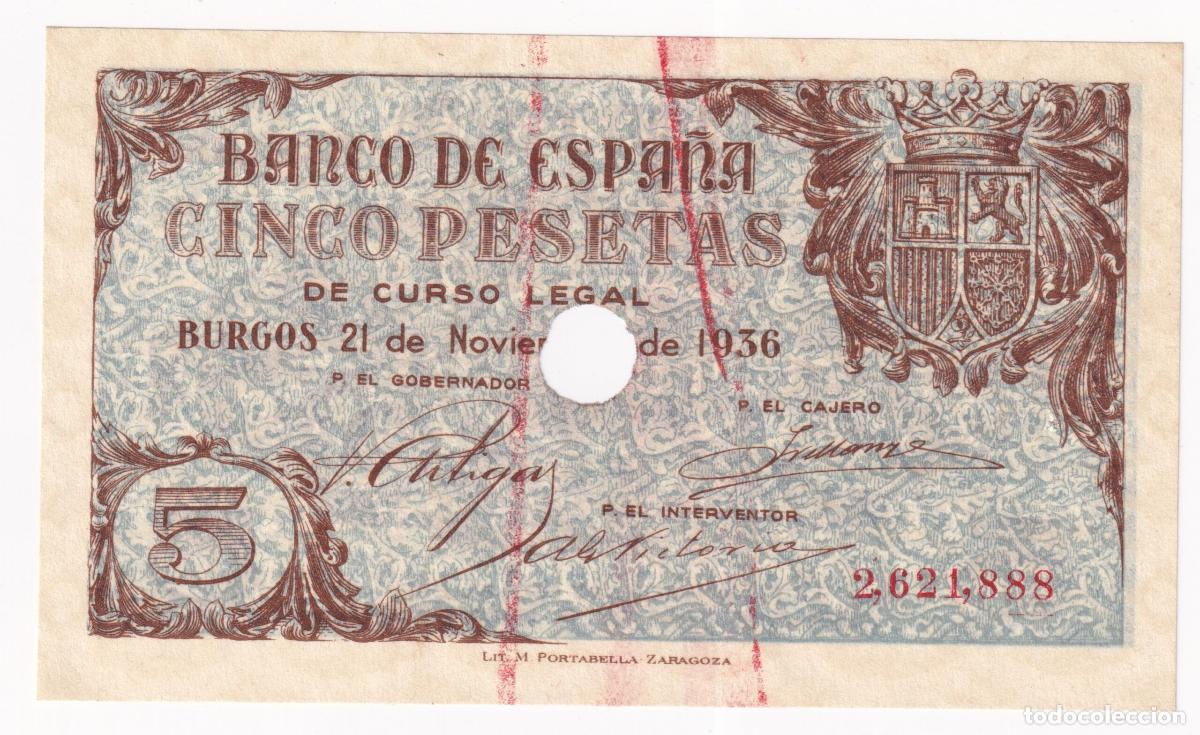 Lokale Banknoten: CRBS3972 BILLETE ESPA&Ntilde;A 5 PESETAS 1936 TALADRADO