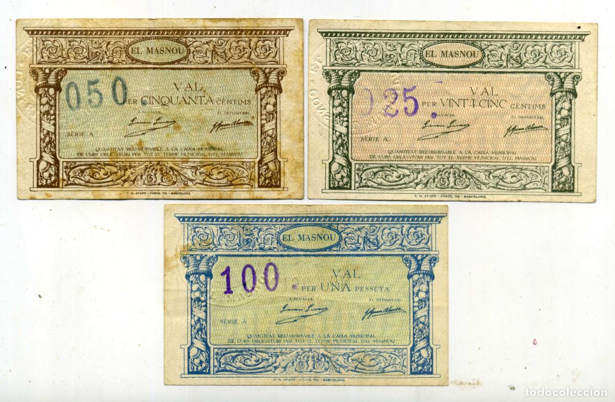 Billetes locales: XS- EL MASNOU Guerra Civil 1937 S&egrave;rie de 025, 050 i 100 Segell sec