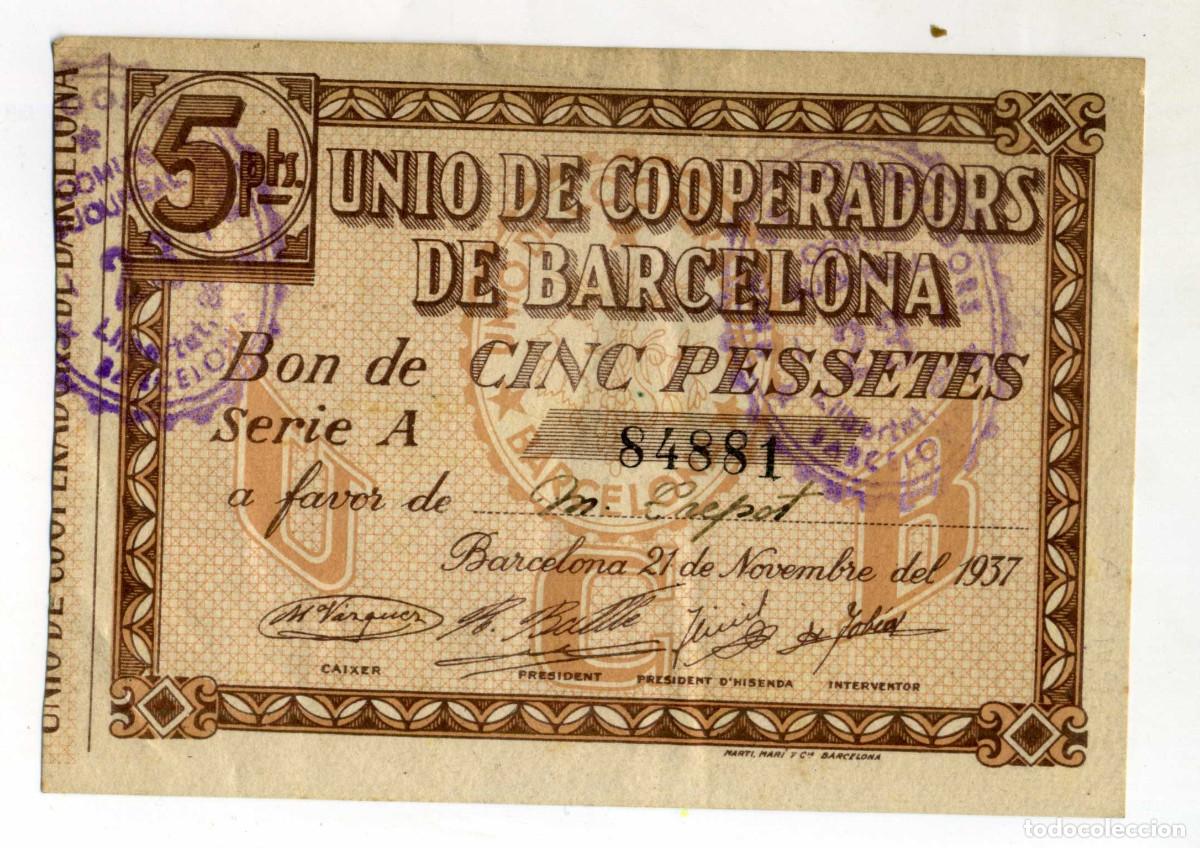 Billetes locales: XS- Uni&oacute; de Cooperadors de Barcelona 1937 BON 5 Pessetes S&egrave;rie A Segells Sucursal 23