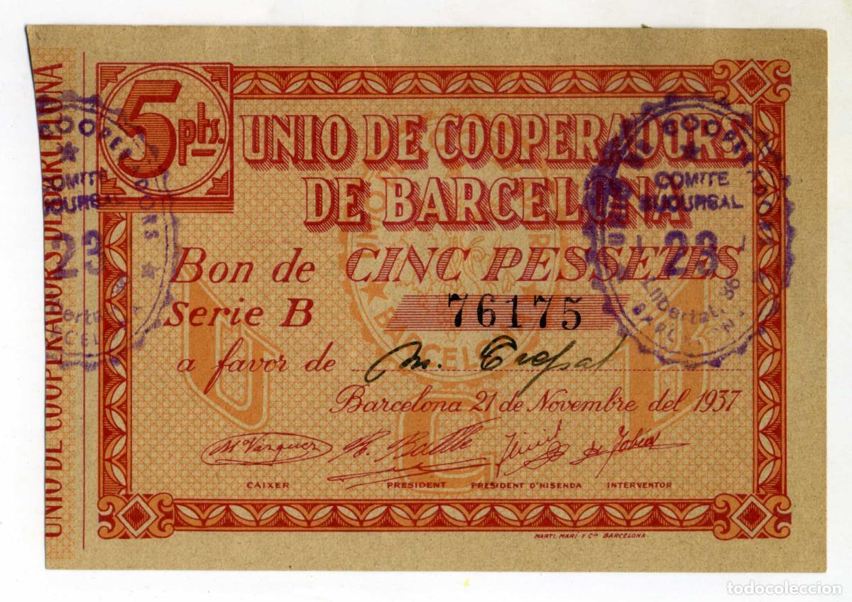 Billetes locales: XS- Uni&oacute; de Cooperadors de Barcelona 1937 BON 5 Pessetes S&egrave;rie B Segells Sucursal 23
