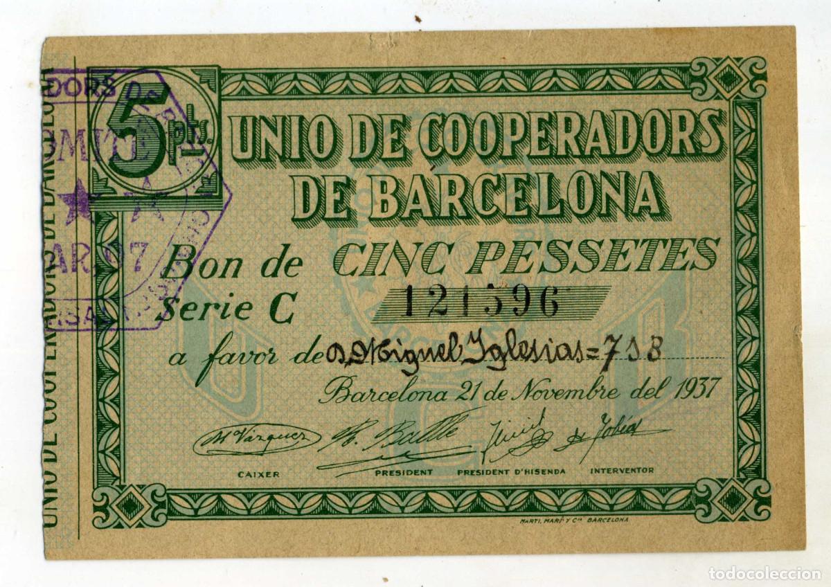 Billetes locales: XS- Uni&oacute; de Cooperadors de Barcelona 1937 BON 5 Pessetes S&egrave;rie C Segells Sucursal 50