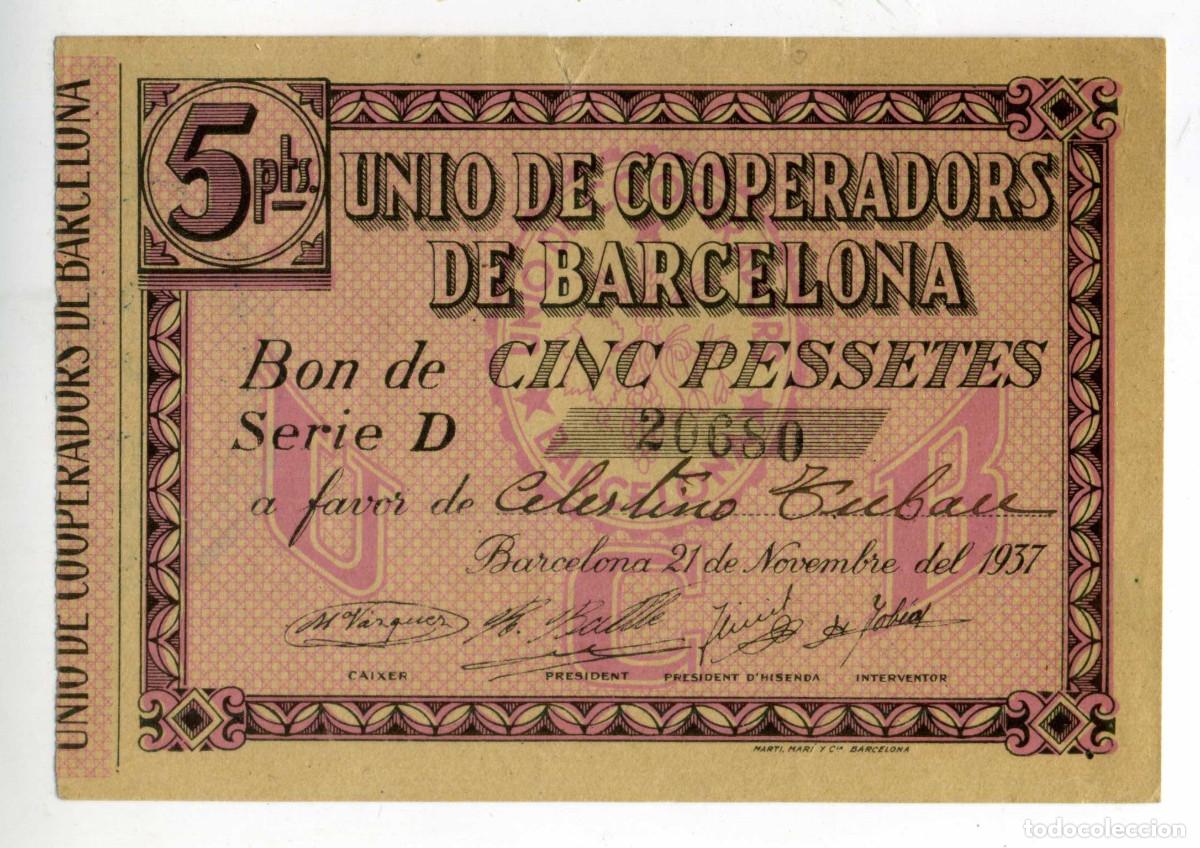 Billetes locales: XS- Uni&oacute; de Cooperadors de Barcelona 1937 BON 5 Pessetes S&egrave;rie D Segell Sucursal 13