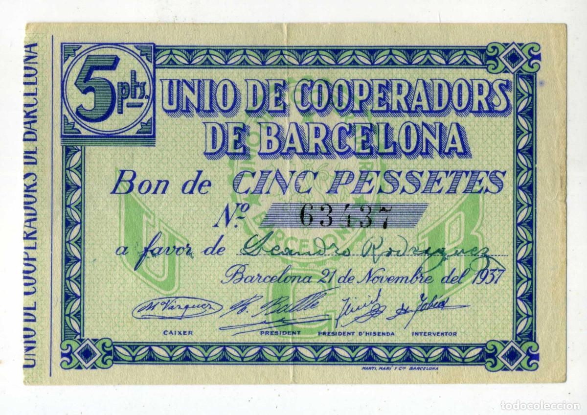 Billetes locales: XS- Uni&oacute; de Cooperadors de Barcelona 1937 BON 5 Pessetes Sense S&egrave;rie Sense segells