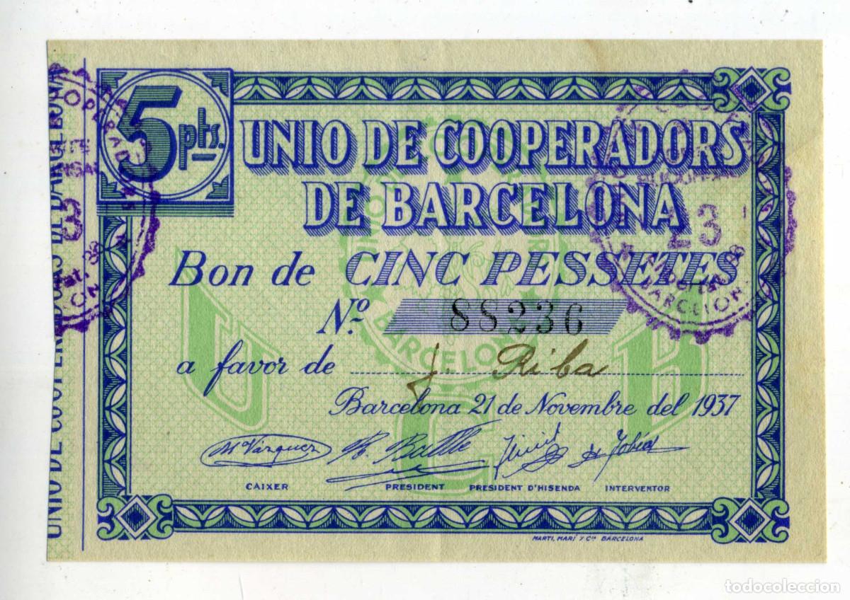 Billetes locales: XS- Uni&oacute; de Cooperadors de Barcelona 1937 BON 5 Pessetes Sense S&egrave;rie Segells Sucursal 23