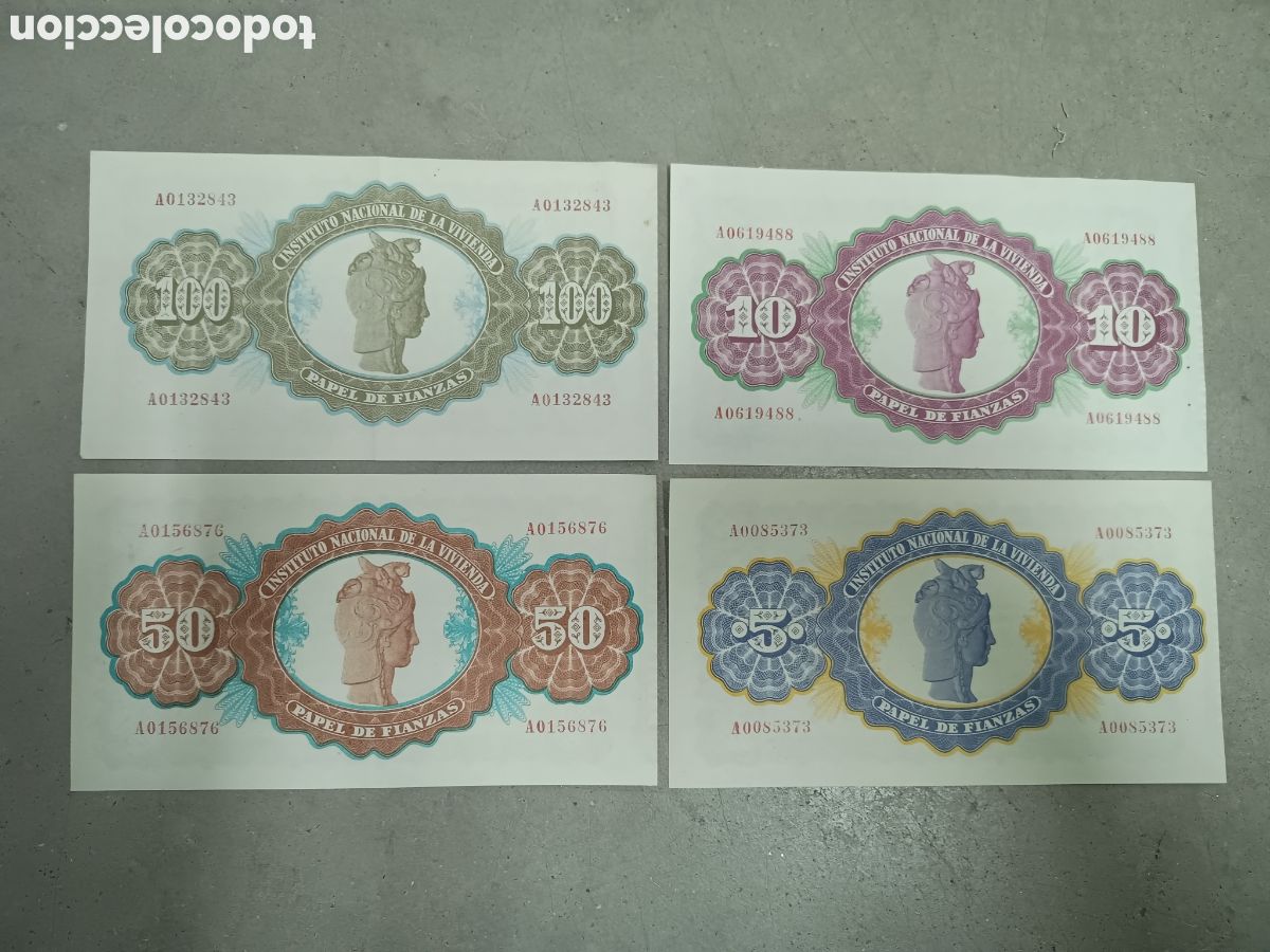 Banconote locali: PAPEL DE FIANZAS - 4 VALORES - 5 - 10 - 50 - 100 PESETAS 1940 (INSTITUTO NACIONAL DE LA VIVIENDA)