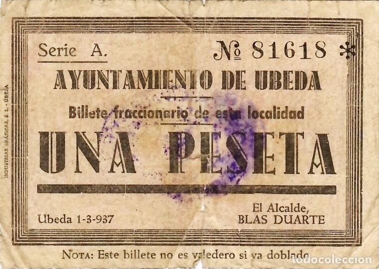 Local Banknotes: UBEDA 1 PESETA 1937 (2&ordm; EMISION REVERSO ROJO). MUY RARO