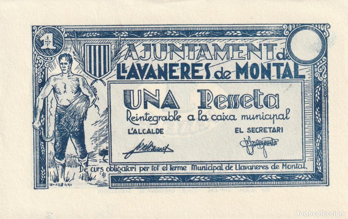 Billetes locales: BILLETE UNA PESSETA LLAVANERES DE MONTAL. MARESME. GUERRA CIVIL. BARCELONA. 1936 EBC+ 1 PESETA