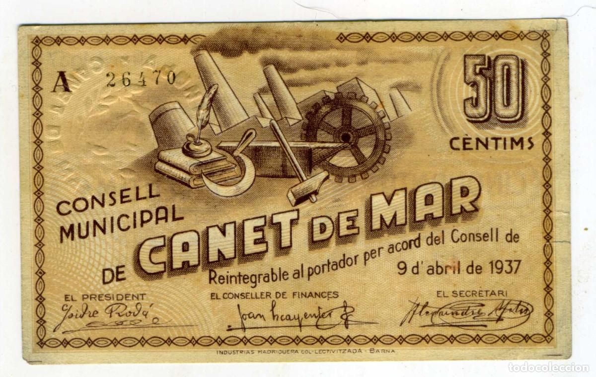 Billetes locales: XS- CANET DE MAR (Maresme) GUERRA CIVIL 50 C&egrave;ntims 1937 Segell sec T-639