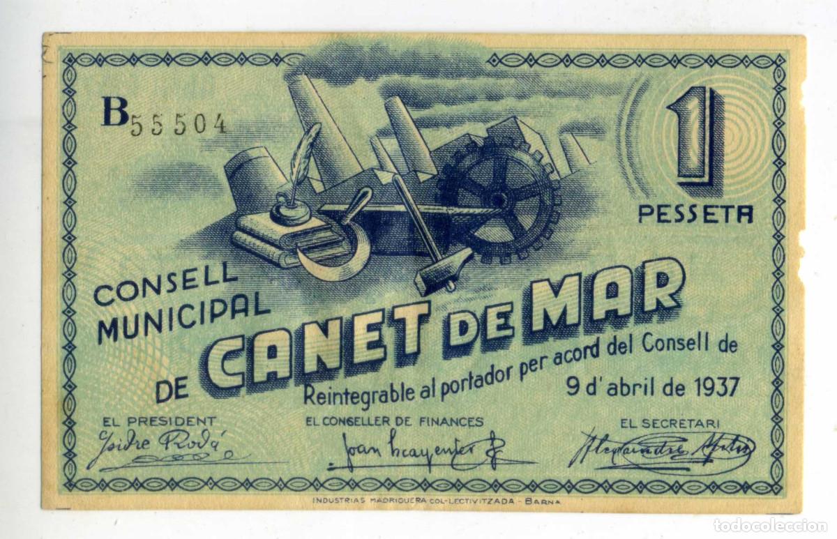 Billetes locales: XS- CANET DE MAR (Maresme) GUERRA CIVIL 1 Pesseta 1937 SENSE Segell sec T-638a