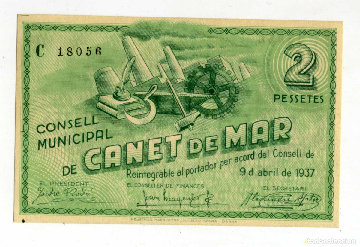 Billetes locales: XS- CANET DE MAR (Maresme) GUERRA CIVIL 2 Pessetes 1937 SENSE Segell sec (S/C) T-637a