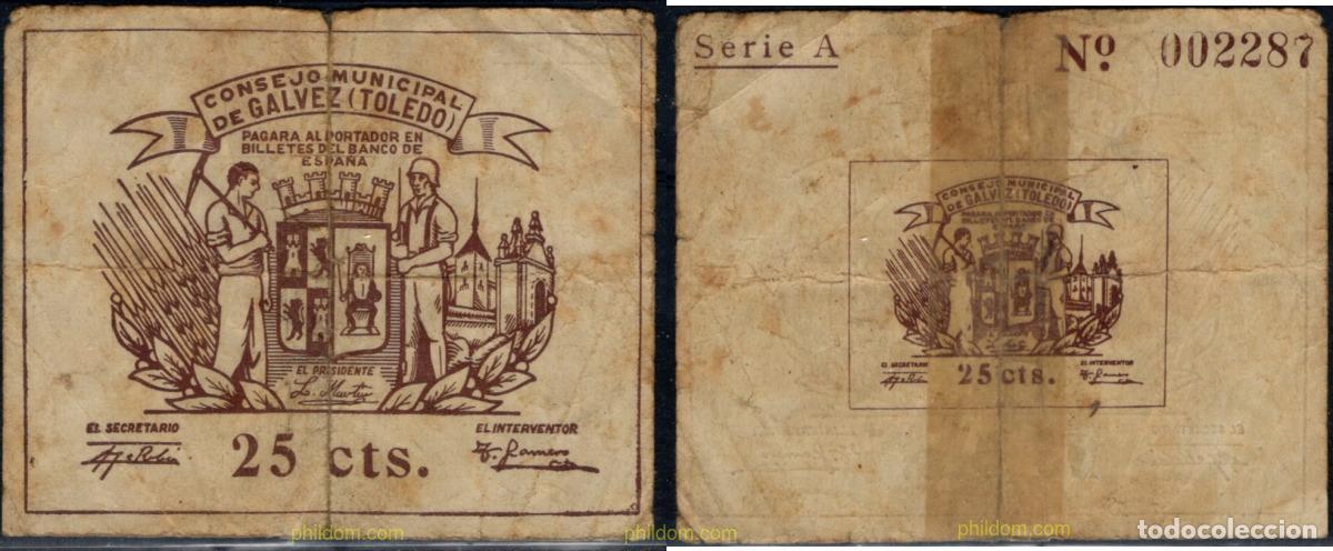 Billetes locales: 10405 ESPA&Ntilde;A. Emisiones locales republicanas 1937 CONSEJO MUNICIPAL DE GALVEZ (TOLEDO) 25 CENTIMOS