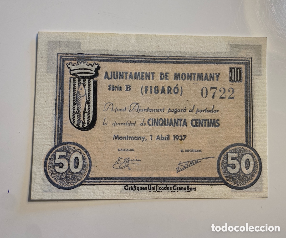 Billetes locales: Ajuntament Montmany (Barcelona) 50 c&eacute;ntimos Serie B