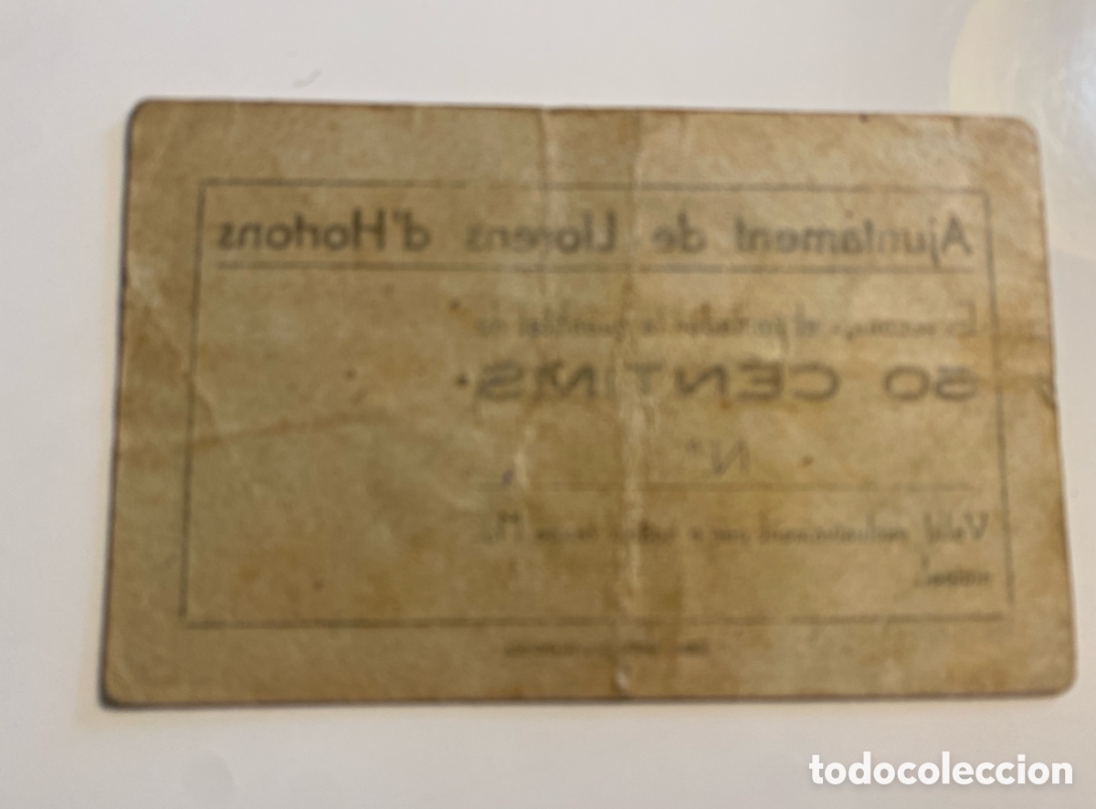 Billetes locales: Ajuntament Llorens d&rsquo;Hortons 50 c&eacute;ntimos - Foto 2