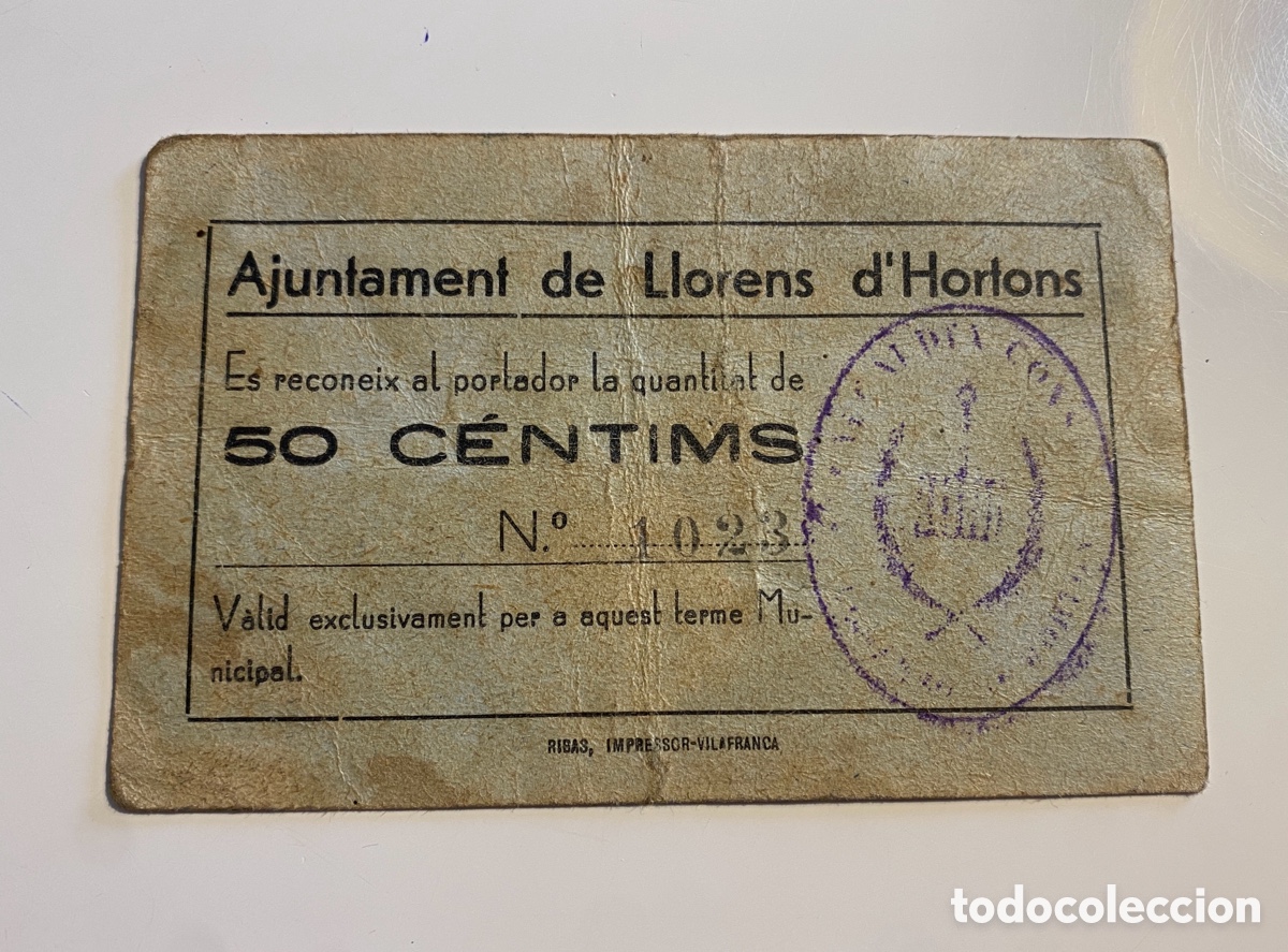 Billetes locales: Ajuntament Llorens d&rsquo;Hortons 50 c&eacute;ntimos - Foto 1