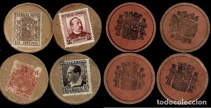 Billetes locales: C7-1 Guerra Civil FICHAS-MONEDA REPUBLICA ESPA&Ntilde;OLA JUEGO DE 4 EJEMPLARES DIFERENTES Ver.