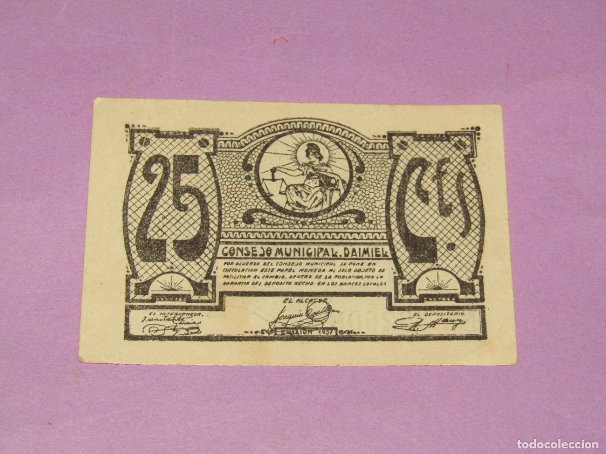 Billetes locales: Antiguo Billete Local de 25 Ctsa del CONSEJO MUNICIPAL DE DAIMIEL del A&ntilde;o 1937 Guerra Civil Espa&ntilde;ola
