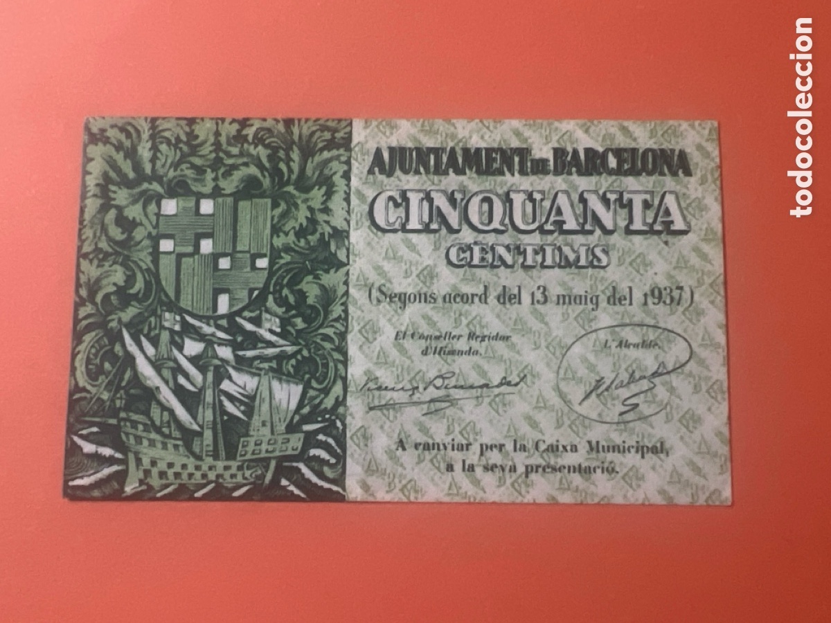 Billetes locales: V162. BILLETE DE AJUNTAMENT DE BARCELONA DE 50 CENTIMOS DEL A&Ntilde;O 1937
