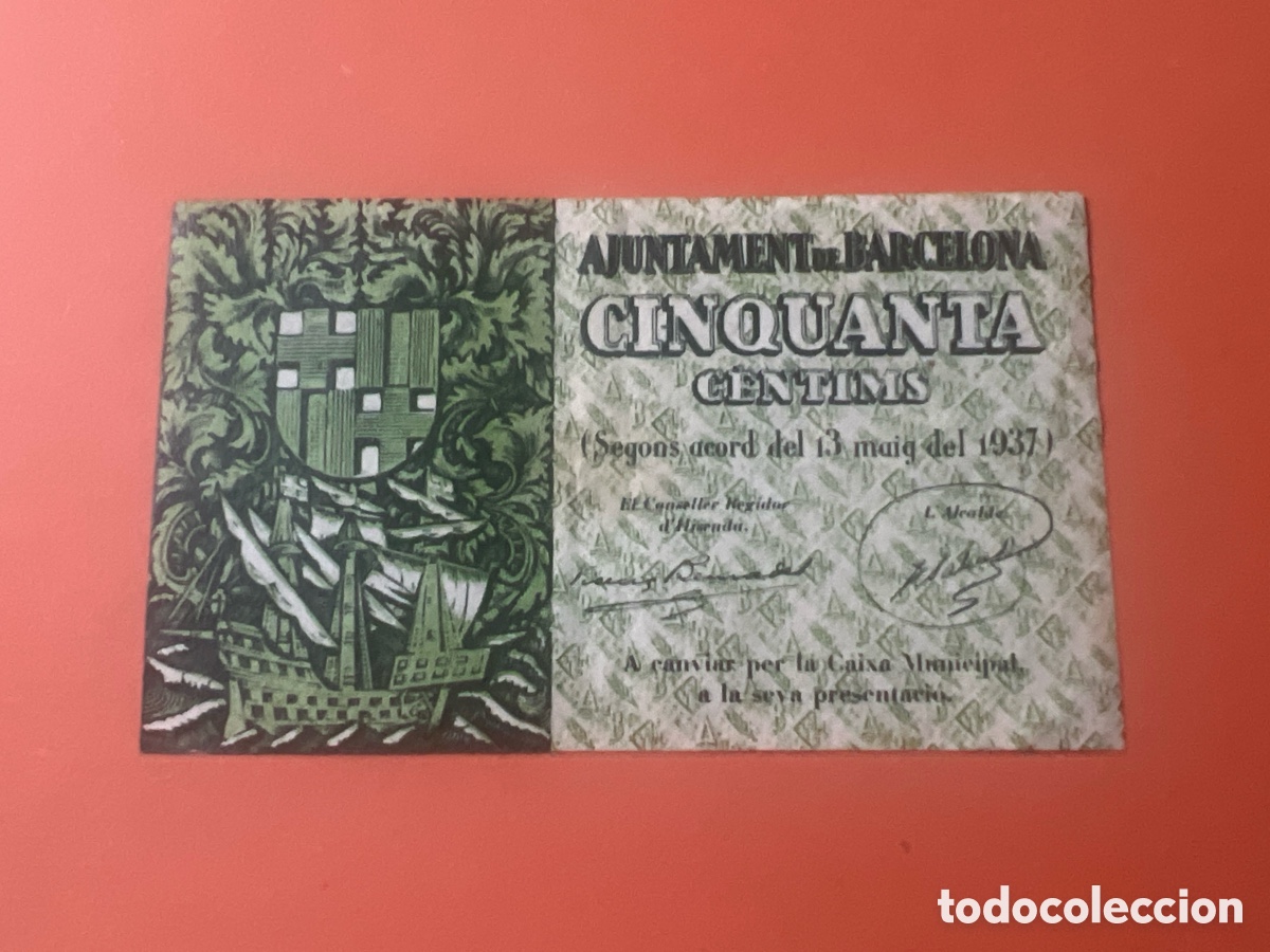 Billetes locales: V163. BILLETE DE AJUNTAMENT DE BARCELONA DE 50 CENTIMOS DEL A&Ntilde;O 1937