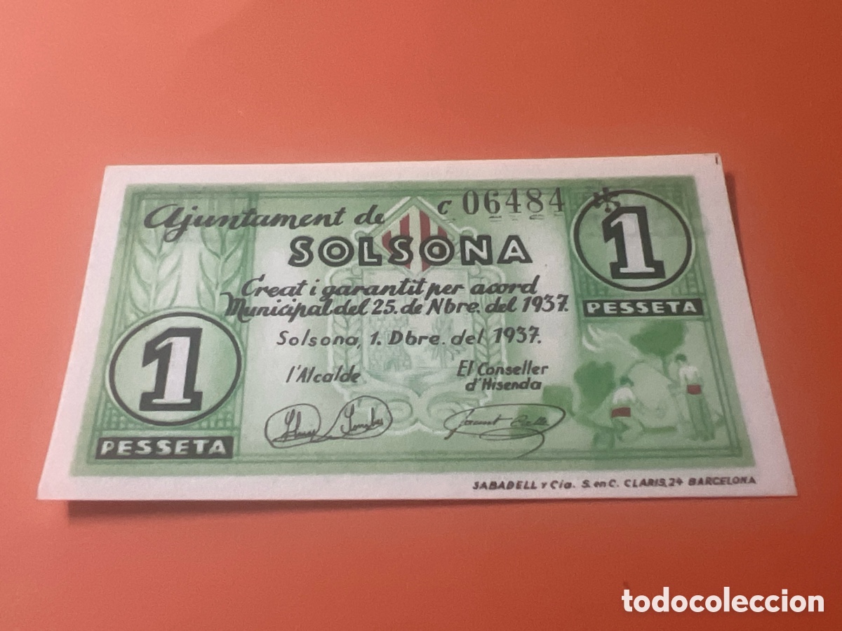 Billetes locales: V167. BILLETE LOCAL GUERRA 1 PESETA AJUNTAMENT DE SOLSONA 1937