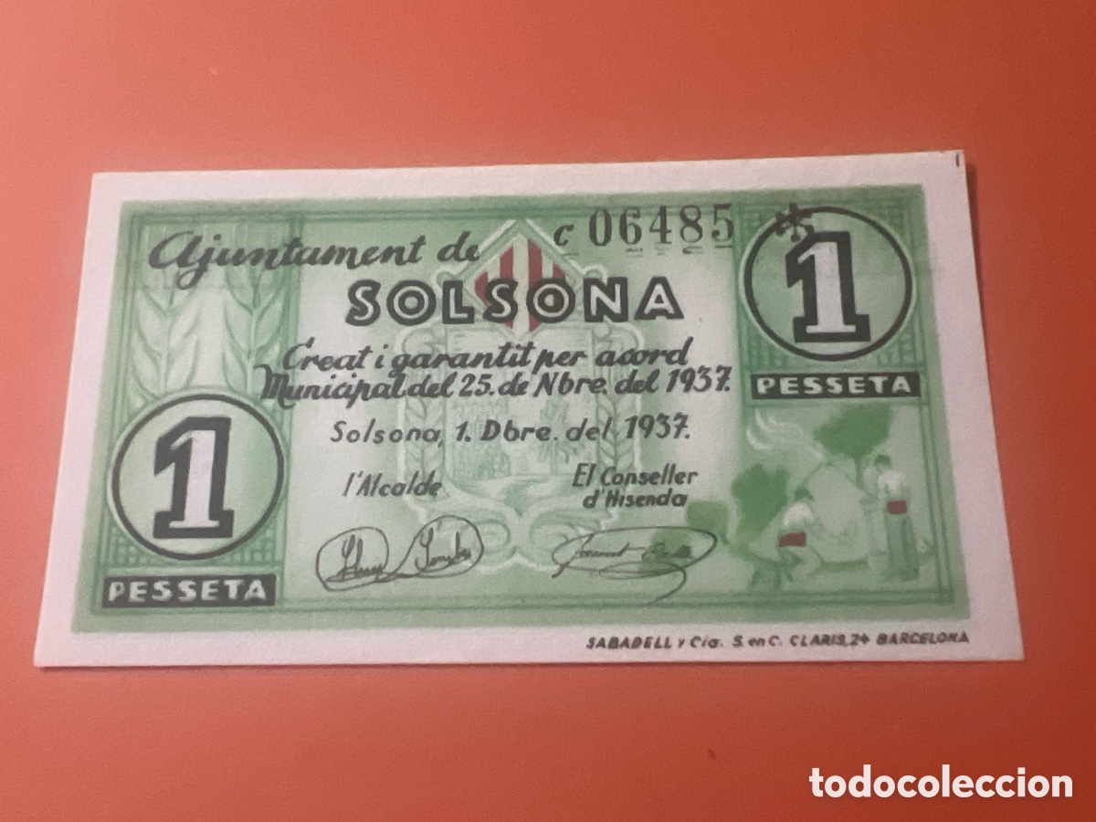 Billetes locales: V168. BILLETE LOCAL GUERRA 1 PESETA AJUNTAMENT DE SOLSONA 1937