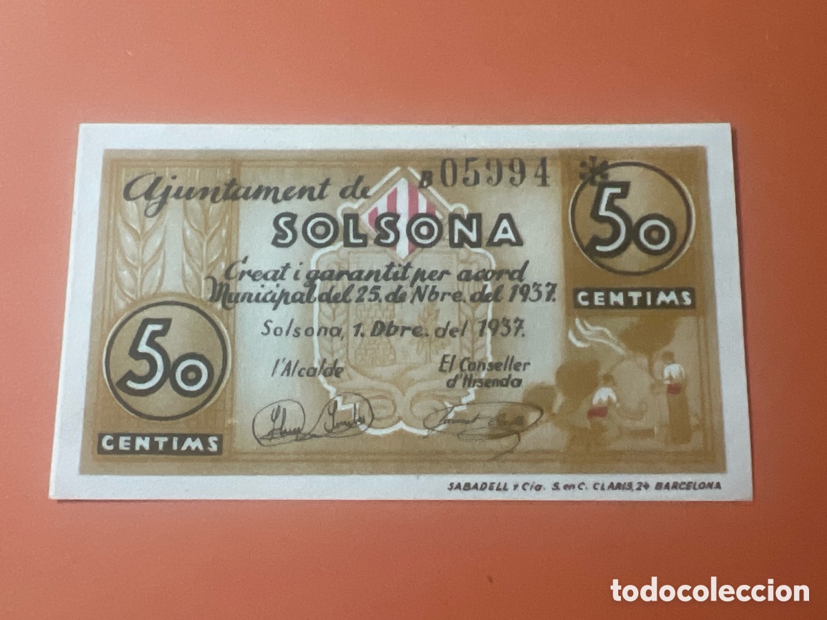 Billetes locales: V167. BILLETE LOCAL 50 CENTIMOS 1937 ( SERIE B ) Ayuntamiento de Solsona