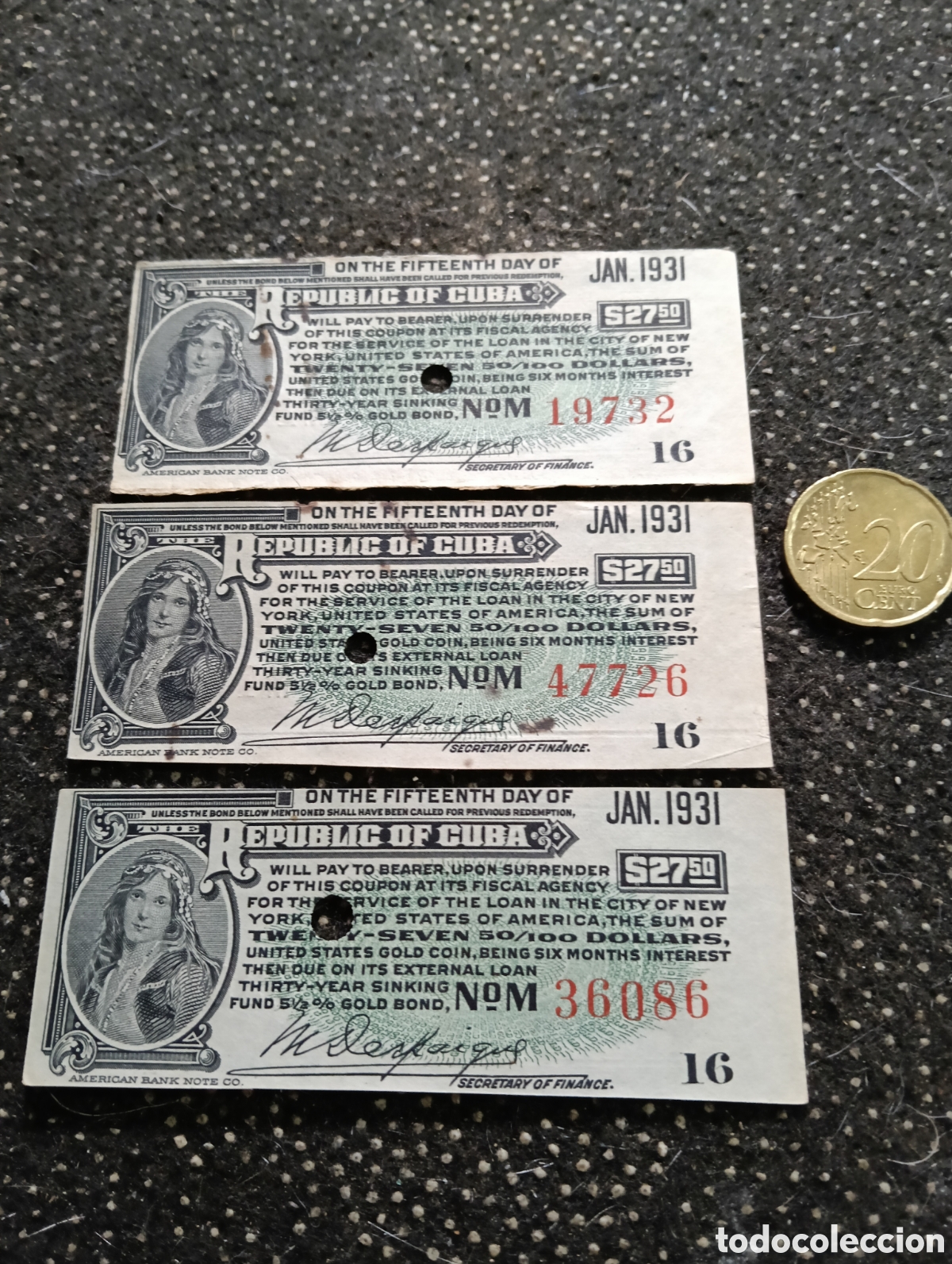 Billetes locales: Cupon de pago de intereses (de $13.75 y $27.50 d&oacute;lares estadounidenses) correspondientes a bonos de
