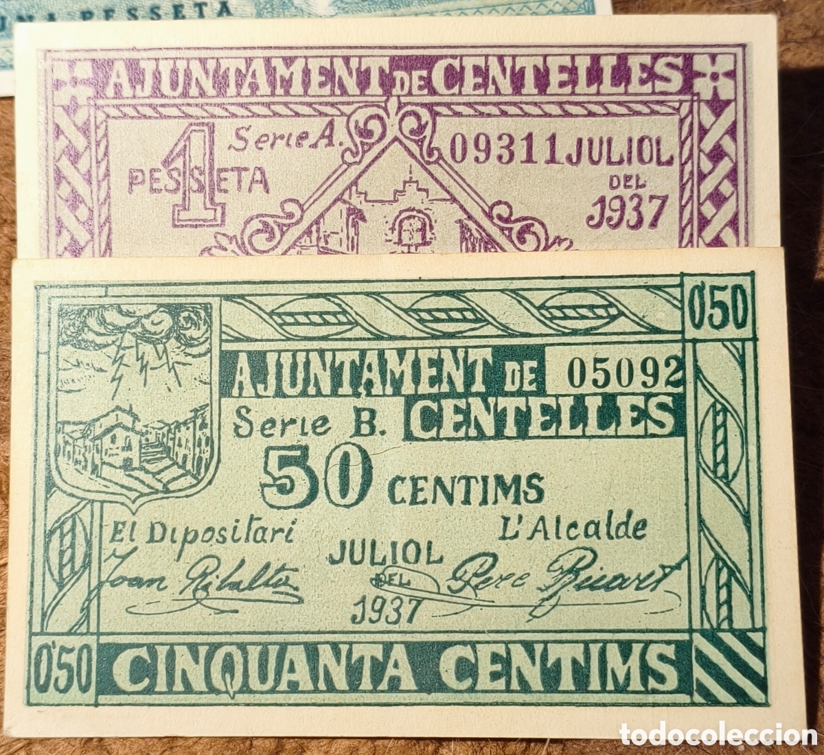 Billetes locales: RGH-7548/9 / AT804/5 - Ajuntament de Centelles - 50 cts y 1 pta
