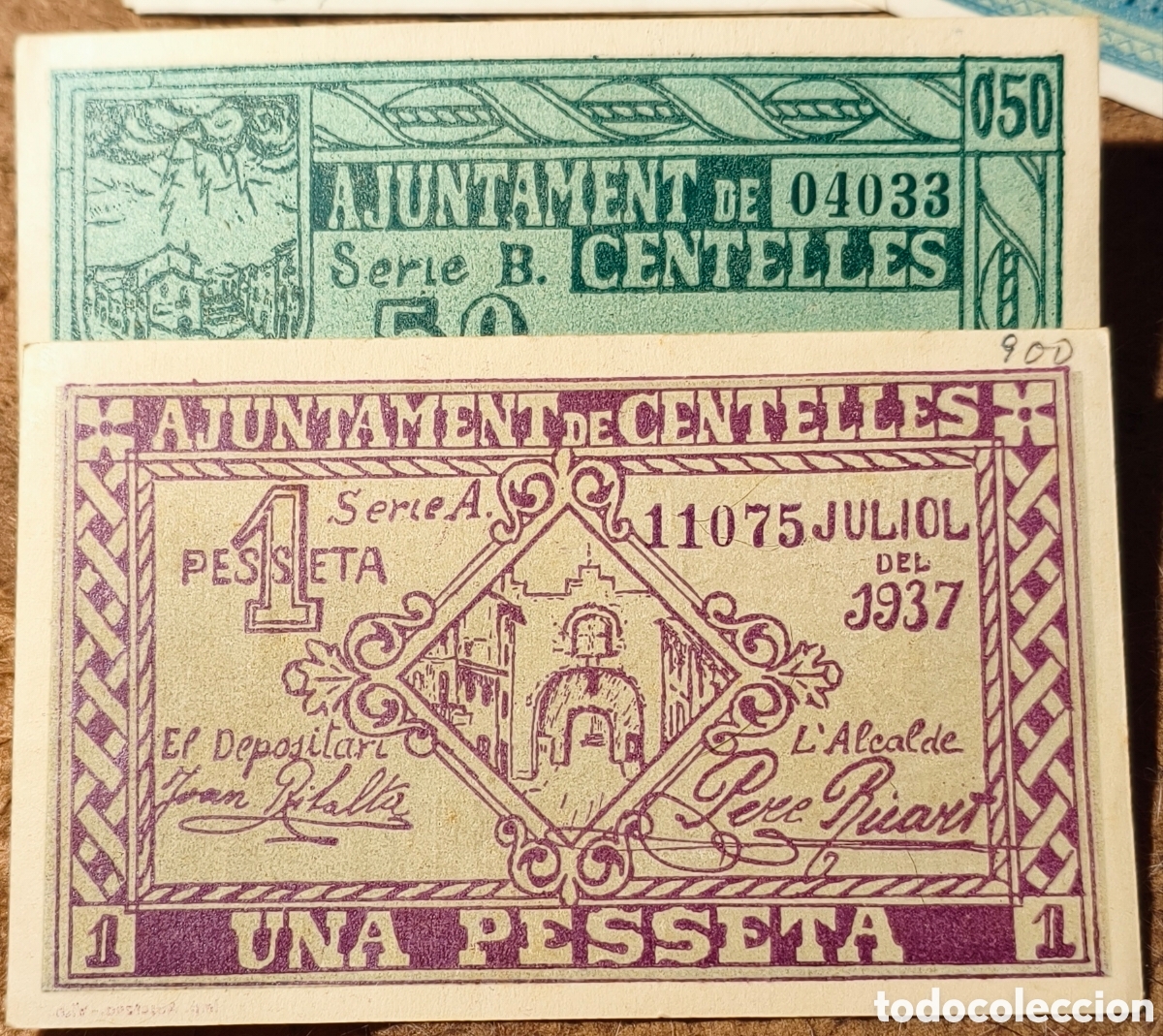 Billetes locales: RGH-7548/9 / AT804/5 - Ajuntament de Centelles - 50 cts y 1 pta