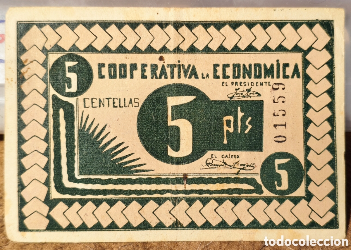 Billetes locales: AL2910v - Cooperativa - La Econ&oacute;mica - Centelles - 5 pesetas