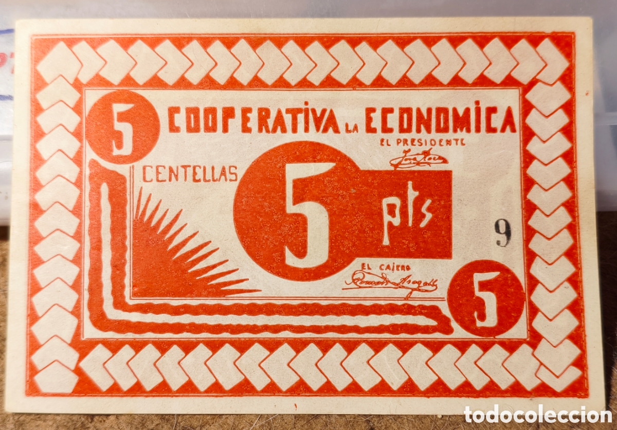 Billetes locales: AL2909 - Cooperativa - La Econ&oacute;mica - Centelles - 5 pesetas