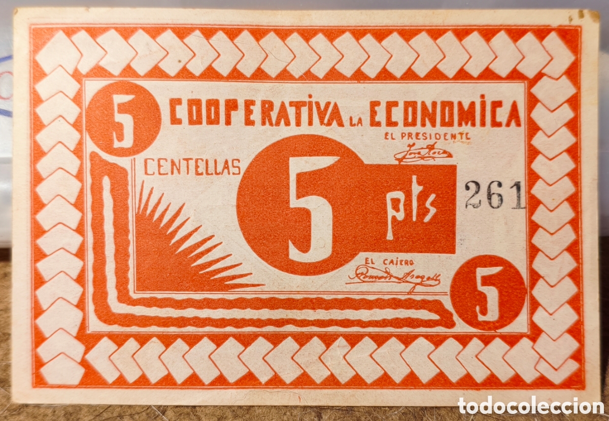 Billetes locales: AL2909 - Cooperativa - La Econ&oacute;mica - Centelles - 5 pesetas