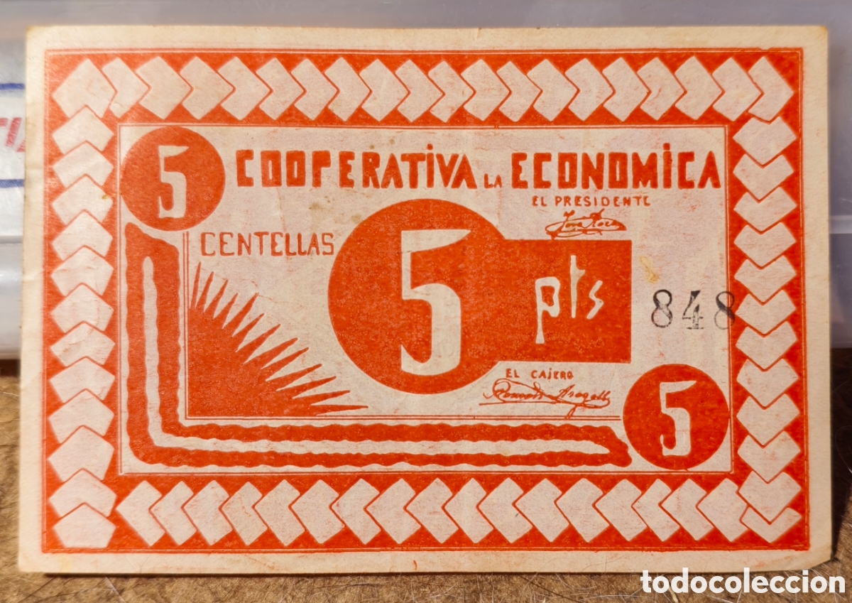 Billetes locales: AL2909 - Cooperativa - La Econ&oacute;mica - Centelles - 5 pesetas