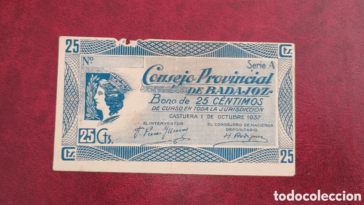 Billetes locales: ESPA&Ntilde;A 1937 - CONSEJO PROVINCIAL DE BADAJOZ - 25 C&Eacute;NTIMOS - NULO SOLAMENTE PARA COLECCIONISTAS