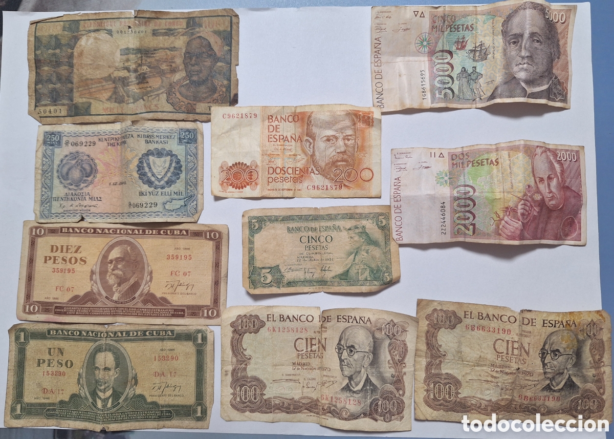 Lotes de Billetes: Lote de 10 Billetes Antiguos - Espa&ntilde;a (Pesetas), Cuba y Extranjeros