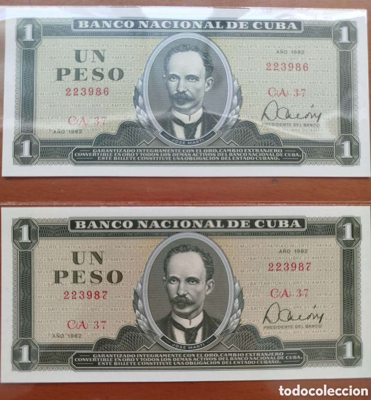 Lots de Billets: Lote 2 Billetes Consecutivos 1 Peso Cuba 1982 &bull; Serie CA 37 &bull; Calidad Plancha (SC)