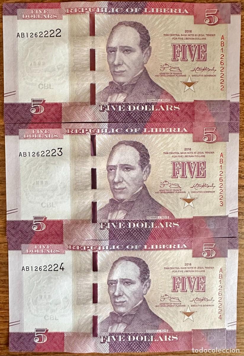 Lotes de Billetes: Lote de 3 Billetes Consecutivos de 5 D&oacute;lares de Liberia 2016 Pick# 31a EBC+ / UNC