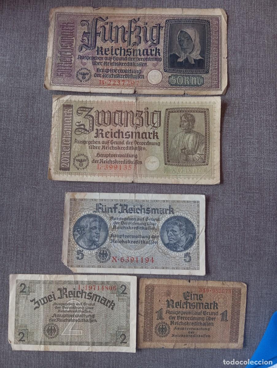 Lotes de Billetes: Alemania lote 5 billetes 1,2,5,20 y 50 reichsmark territorios ocupados (1940-1945)